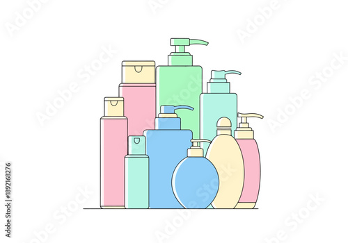 Collection of Various Cosmetic Bottles and Dispensers for Personal Care Products on White Background Minimalist Style