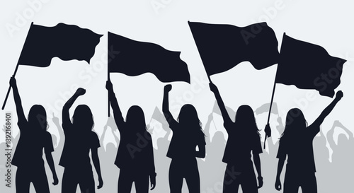 Group of women holding flags in protest silhouette.