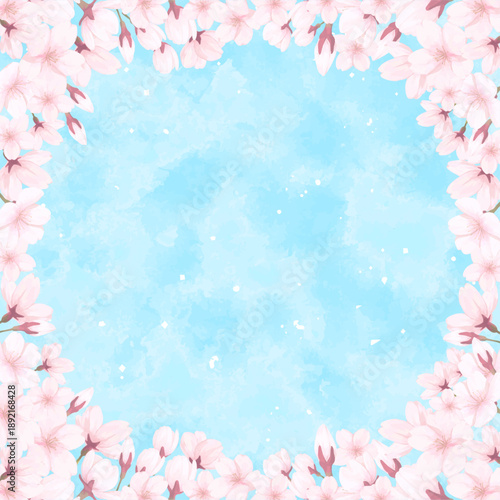 手描きの桜のフレーム_青空背景_正方形