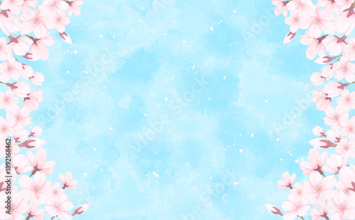 手描きの桜の左右フレーム_青空背景_横