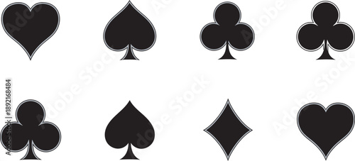 Eight black playing card suits isolated on transparent background
