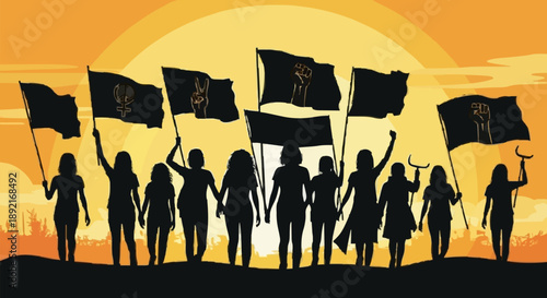 Group of women holding flags marching together at sunset.