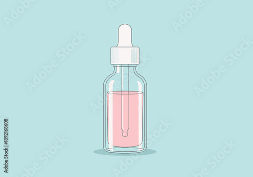 Clear Glass Dropper Bottle with Pink Liquid for Cosmetics or Serums on Pale Blue Background Minimalist Style
