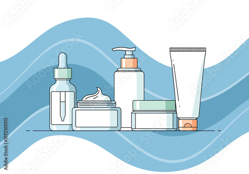 Collection of cosmetic containers for skincare products arranged on a wavy blue background for beauty and wellness promotions