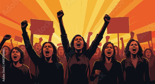 Group of women protesting with raised fists and signs.
