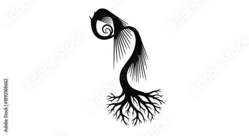 Mysterious abstract creature with roots, symbolizing growth and imagination