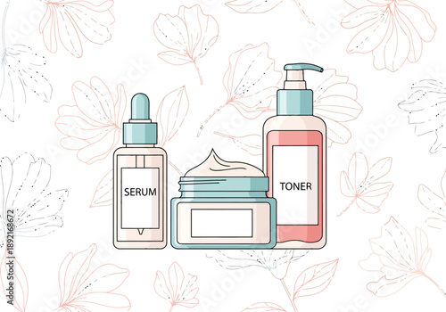 Collection of elegant skincare product containers including serum bottle toner dispenser and cream jar arranged on a floral patterned background for