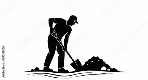 Gardener Silhouette Digging Soil with Shovel.