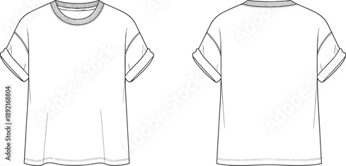 Basic t shirt fashion illustration, front and back views, rolled sleeve tee flat sketch, casual unisex apparel technical drawing template isolated