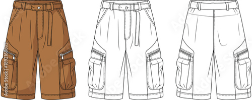 Cargo shorts technical fashion sketch with utility pockets, belt detail, front and back views, modern menswear apparel flat illustration isolated on white background