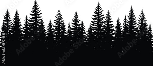 Pine forest tree silhouettes forming dense woodland landscape, black nature vector illustration isolated on white background for design use