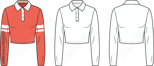 Cropped long sleeve polo shirt fashion illustration with front and back views, women casual top flat sketch design for modern apparel collections