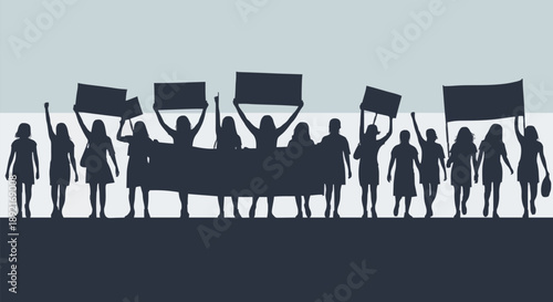 Group of people protesting holding signs and banners.