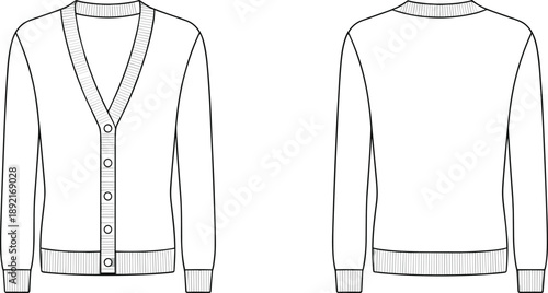 Classic knit cardigan sweater technical sketch with button front, long sleeves, front and back views, fashion apparel flat illustration isolated on white