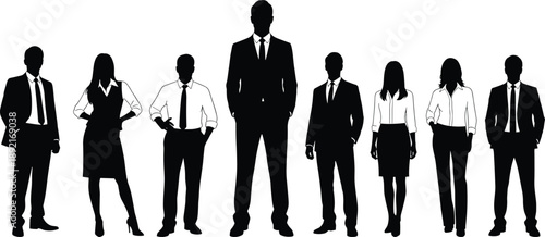 Business team silhouettes standing together in formal office attire, professional corporate group concept, black vector illustration isolated on white background