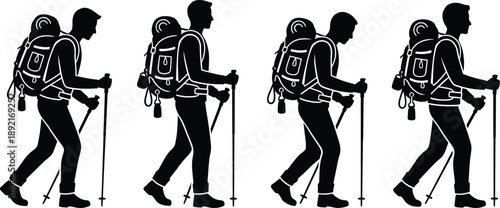 Hiking backpacker silhouette sequence with trekking poles, outdoor traveler walking poses, adventure tourism and mountaineering concept silhouettes isolated on white