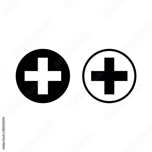 Vector Two distinct plus sign icons, one solid black and one black outline in a white circle, are displayed, representing addition, positive value, or medical context.