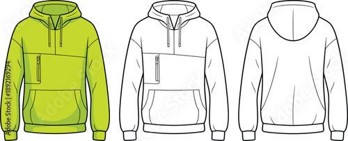 Hooded sweatshirt technical flat illustration with front and back views, modern hoodie fashion design outline sketch for apparel production