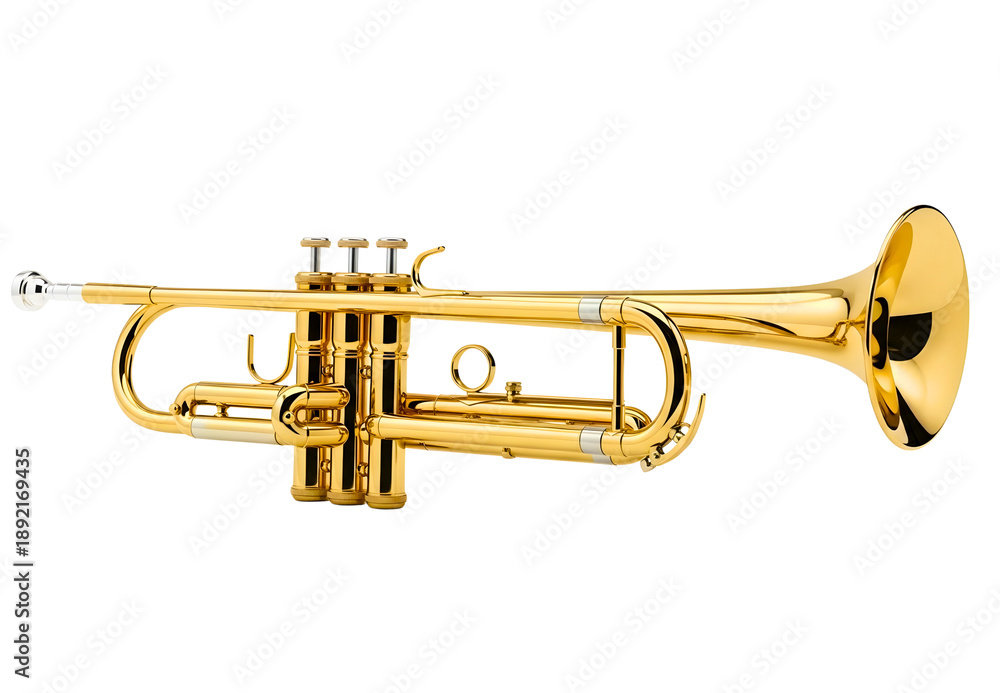 Fototapeta premium Shiny brass trumpet with silver accents on a black background isolated on transparent background