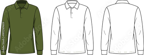 Long sleeve polo shirt fashion illustration with front and back views, men casual apparel flat sketch design for modern clothing collections