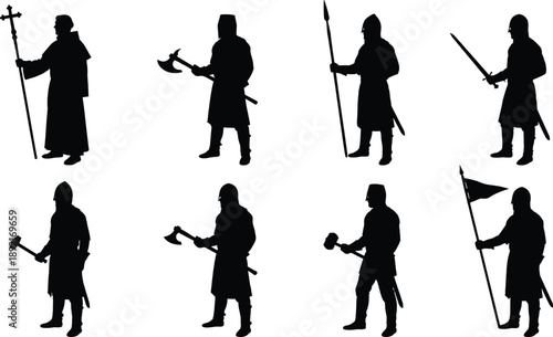 Medieval warrior silhouettes set with swords axes spears and banners, historical knight soldiers black vector illustration isolated on white background