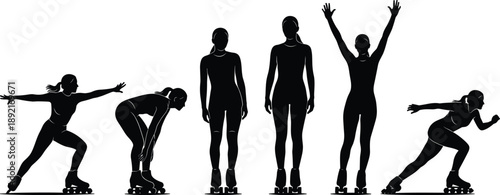 Female roller skating silhouettes showing dynamic poses and motion sequence, black vector illustration isolated on white background for sport design