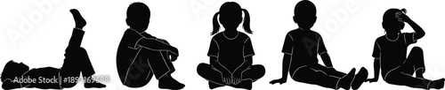 Children sitting silhouettes in different poses, relaxed kids figures, black vector illustration isolated on white background for education design