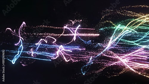 Seamless loop of glowing abstract digital data streams flowing freely across a minimalist screen representing creative independent work and unrestricted thought network, innovation, interface