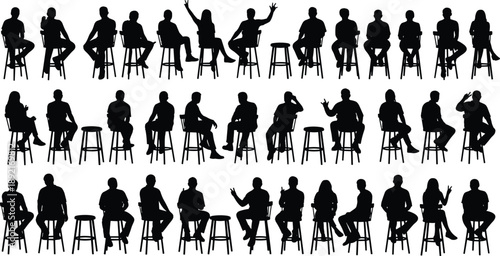 Collection of seated people silhouettes on stools, various poses, black vector illustration set isolated on white background studio design