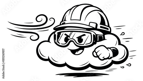 Hand drawn line art illustration of a cloud character depicting quick progress for industrial and service themes