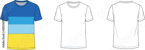 Men color block t shirt technical fashion illustration with front and back views, casual short sleeve crew neck apparel flat design