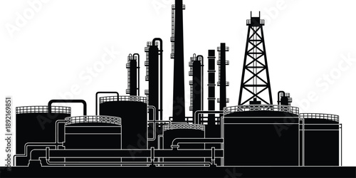 Industrial oil refinery silhouette with storage tanks, pipelines and drilling tower, black vector illustration isolated on white background
