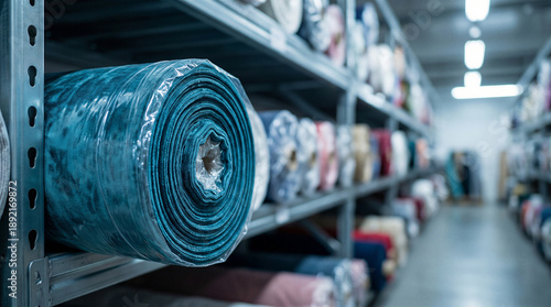 Wallpaper Mural Blue fabric roll wrapped in plastic on metal shelf in warehouse surrounded by colorful textile bolts. Industrial storage for sewing materials and apparel production. Fashion industry inventory and Torontodigital.ca