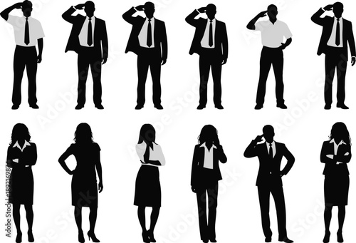 Business men and women salute silhouette set showing professional corporate staff gestures representing respect leadership and authority isolated on white background