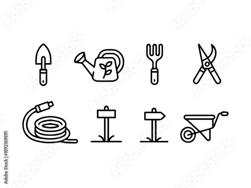 Vector A comprehensive collection of eight black outline icons showcases essential gardening tools, including a trowel, watering can, fork, pruners, hose, signs, and wheelbarrow.