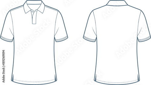 Men polo shirt technical fashion illustration showing front and back views, classic short sleeve polo tee flat sketch for apparel design