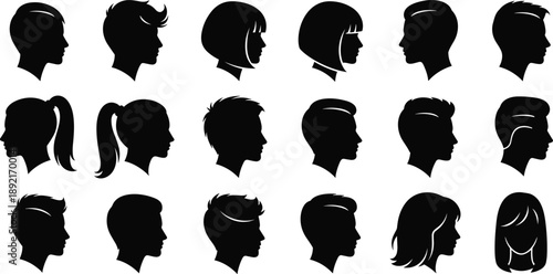 Human profile head silhouette collection featuring male and female side view faces with different hairstyles for avatar design isolated on white background