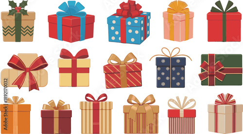 Colorful gift boxes, festive wrapping, holiday packaging, celebration theme, ribbon bows, cheerful design, decorative layout, vibrant patterns, unique shapes, joyful mood