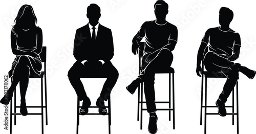 Seated people silhouette illustration showing interview panel discussion with casual and business participants sitting on chairs isolated on white background