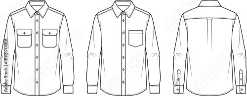 Men’s long sleeve button down shirt technical fashion illustration with front and back views, classic casual apparel flat sketch design isolated on white background