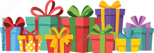 Colorful gift boxes, festive wrapping, holiday packaging, celebration theme, ribbon bows, cheerful design, decorative layout, vibrant colors, joyful mood, assorted styles