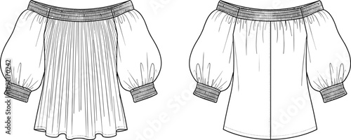 Off shoulder blouse fashion illustration, front and back views, puff sleeve top flat sketch, women apparel technical drawing design template isolated