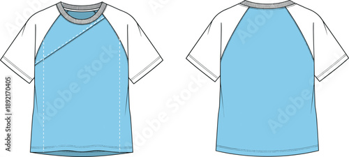 Raglan sleeve t shirt fashion illustration, short sleeve crew neck tee flat sketch, front and back view apparel technical drawing isolated