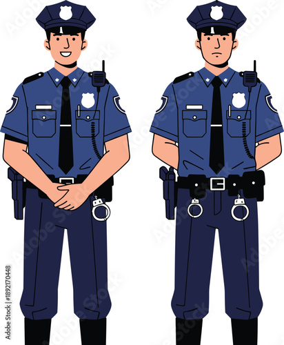 Cartoon police officer illustration set showing friendly and serious uniformed law enforcement characters standing isolated on white background