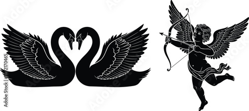Elegant Black and White Vector Illustration of Two Swans Forming a Heart Shape with Cupid Aiming a Bow for Romantic Wedding and Valentine Design