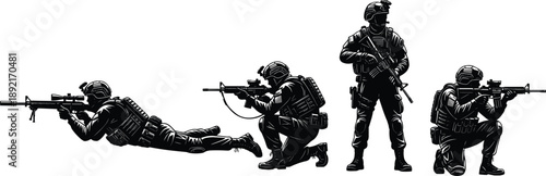 High Quality Black and White Vector Illustration of Tactical Special Forces Soldiers in Prone Kneeling and Standing Poses with Assault Rifles for Military Design
