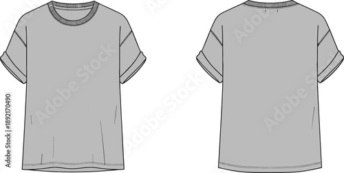 Technical fashion flat sketch of basic t shirt, front and back view, short rolled sleeves, casual unisex apparel design, vector clothing illustration