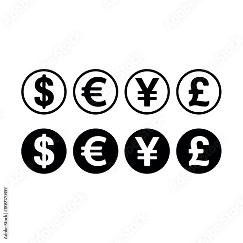 Vector A comprehensive grid of eight currency symbols, including Dollar, Euro, Yen, and Pound Sterling, is presented in both outline and solid black icon styles.