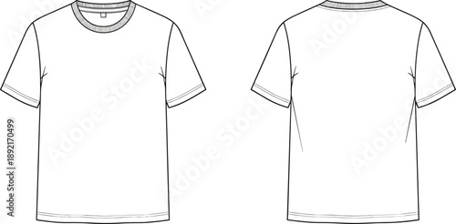 Technical fashion flat sketch of basic t shirt, front and back view, short sleeve crew neck tee design, clean outline apparel vector illustration