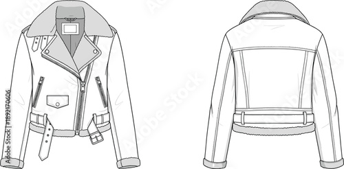 Technical fashion flat sketch of biker jacket, front and back view, belted moto outerwear design, detailed women leather jacket vector illustration